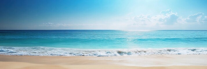 Fototapete - Bright sunny day at a tranquil beach with clear blue skies and gentle waves splashing on golden sand. Generative AI