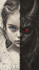 Poster - Photorealistic black white pencil sketch of a little girl half of her an angel with a blue eye and white wing the other half a devil with a red eye and a bat wing detailed contrast of light and dark
