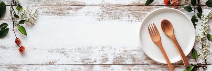 Aufkleber - Elegant table setting for culinary display featuring wooden utensils and natural decor in intimate dining space. Generative AI