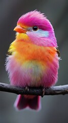 Poster - Colorful bird perched on a branch its feathers a dazzling array of pink yellow and orange with a small beak and large innocent eyes radiating joy in every detail