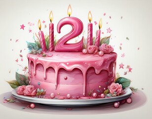 Illustration of decorated pink cake for birthday or anniversary party. Number 2, second birthday celebration