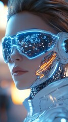 Poster - Portrait of futuristic female cyborg glowing neon circuits wires integrated into her skin reflective bluetinted sunglasses sleek design intricate mechanical detailing on face and neck blurred backdrop