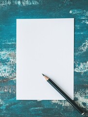 Leinwandbilder - Blank space with a pencil resting beside it on a turquoise wooden surface for creative ideas in a home setting. Generative AI