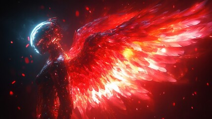 Fototapete - Schlieren night vision photography captures metallic angel with swirling redwhite feathers set against vibrant neon light The red yellow and black design contrasts with its ghostly surreal appearance