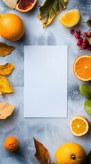 Leinwandbilder - Bright and colorful arrangement of fresh fruits and autumn leaves surrounding blank space for text insertion. Generative AI
