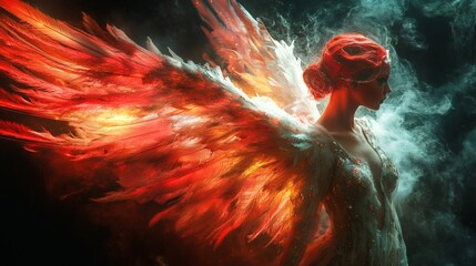 Fototapete - Schlieren night vision photography captures metallic angel with swirling redwhite feathers set against vibrant neon light The red yellow and black design contrasts with its ghostly surreal appearance
