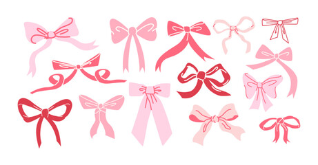 Cartoon ribbon bows accessories.Pink vintage girly pink bows for hair decoration.Cute trendy stickers set in coquette style