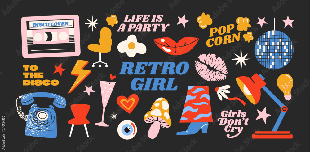 Retro stickers in the style of the 90s. Cartoon patches, labels, tags ...