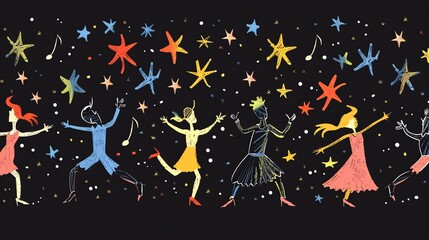 Canvas Print - a fun and whimsical illustration of people dancing under a sky full of stars.