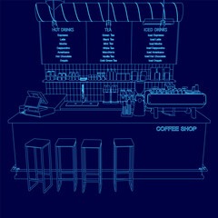Poster - A blue image of a coffee shop with a menu board. The menu board has three sections. The coffee shop has a modern and clean design