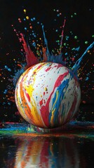 Poster - Showcase hyperrealistic 3D cricket white ball crafted from multicolored paint splashes set on a black background with soft lighting that accentuates the fluid details and artistic flair