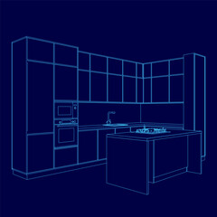 Poster - A kitchen with a stove, oven, microwave, sink. The kitchen is blue