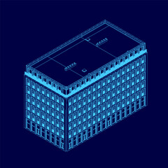 Poster - A blue building with a flat roof and windows. The building is shown in a blue color scheme