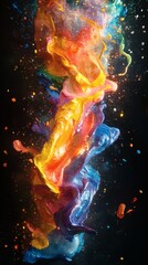 Poster - Showcase hyperrealistic 3D roket crafted from multicolored paint splashes set on a black background with soft lighting that accentuates the fluid details and artistic flair