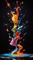 Poster - Showcase hyperrealistic 3D roket crafted from multicolored paint splashes set on a black background with soft lighting that accentuates the fluid details and artistic flair