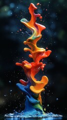 Poster - Showcase hyperrealistic 3D roket crafted from multicolored paint splashes set on a black background with soft lighting that accentuates the fluid details and artistic flair