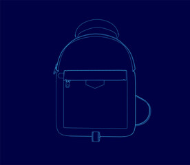 Poster - A blue drawing of a backpack with a zipper pocket. The backpack is shown in a blue outline