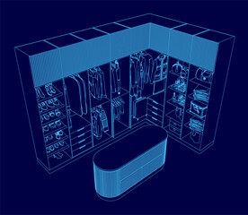 Wall Mural - A blue drawing of a closet with a bench and shelves. The closet is full of clothes and shoes