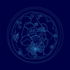 Poster - A blue drawing of a pizza with a leaf on top. The pizza is surrounded by a blue circle