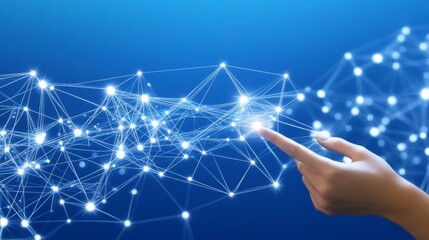 Poster - Fingertip Connects To Interconnected Global Network On Blue, Technology And Innovation Concept.