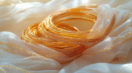 Poster - A beautiful collection of shimmering gold bangles and necklaces, artistically arranged on soft white fabric, glowing under diffused light.