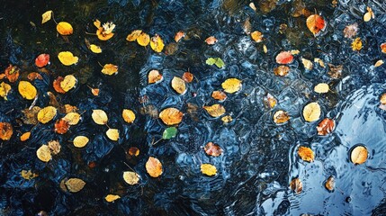 Autumn leaves floating on dark water, background reflections, nature wallpaper