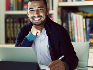Poster - Tablet, portrait and happy business man in office for research, publication and book author with pen for story. Technology, face and creative writer in startup on app for online project in Mexico