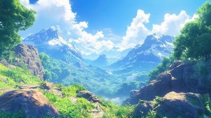 Poster - A breathtaking view of a sunlit mountain range on a warm summer day, providing a picturesque, vibrant backdrop for adventure and exploration.