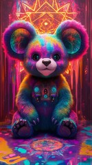 Poster - Showcase psychedelic bear with large colorful ears positioned on a colorful dripped floor surrounded by neon lights and fractal geometric patterns in a mandalalike backdrop