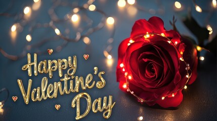 Poster - Romantic Glowing Red Rose Surrounded by Dreamy Lights for Valentine's Day Celebration