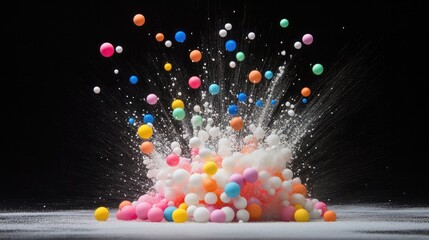 Poster - A burst of vivid Styrofoam mini balls, captured mid-explosion with motion blur, conveying excitement and movement.