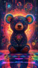 Poster - Showcase psychedelic bear with large colorful ears positioned on a colorful dripped floor surrounded by neon lights and fractal geometric patterns in a mandalalike backdrop