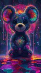 Poster - Showcase psychedelic bear with large colorful ears positioned on a colorful dripped floor surrounded by neon lights and fractal geometric patterns in a mandalalike backdrop