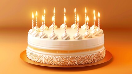 Canvas Print - a white cake with lit candles and sprinkles on a golden cake stand sits on an orange background.