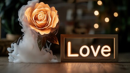 Poster - Glowing Rose with Swirling Smoke Effect and Love Sign Illuminated by Soft Ambient Light