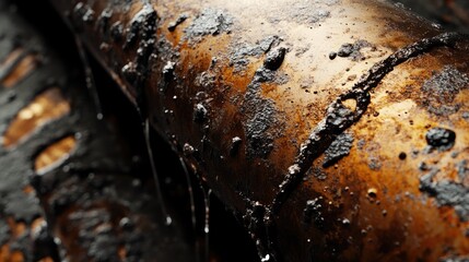 Poster - A close-up of a corroded stainless steel pipe leaking water, with a focus on the damaged texture and water dripping out.