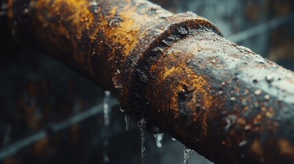 Poster - A close-up of a corroded stainless steel pipe leaking water, with a focus on the damaged texture and water dripping out.