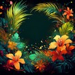 © MHC_Design - border frame beautiful palm tree leaves and jungle flowers on black background; copy space for your text