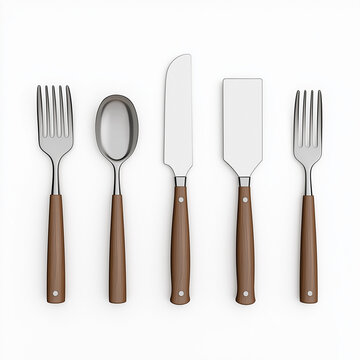 A set of kitchen utensils, home accessory element, photorealistic 3D rendering, stainless steel with wooden handles, isolated on white background