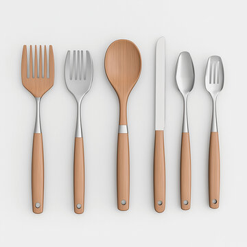 A set of kitchen utensils, home accessory element, photorealistic 3D rendering, stainless steel with wooden handles, isolated on white background