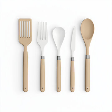 A set of kitchen utensils, home accessory element, photorealistic 3D rendering, stainless steel with wooden handles, isolated on white background