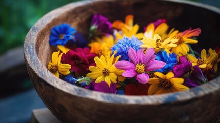 Aufkleber - A close-up of a wooden bowl brimming with colorful flowers, capturing the essence of nature beauty in a rustic, cozy setting.