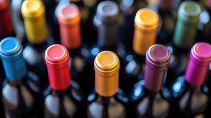 Poster - A close-up of elegant wine bottles with colorful caps and artistic labels, arranged neatly on a reflective surface, highlighting variety and sophistication.