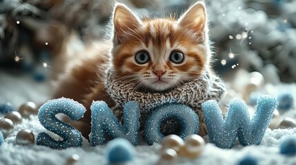 Poster - Snowy winter environment shimmering letters SNOW icy blue adorned with pearls icicles and frosty blueberries A kitten wearing a scarf lays on the letters surrounded by magical sparkles