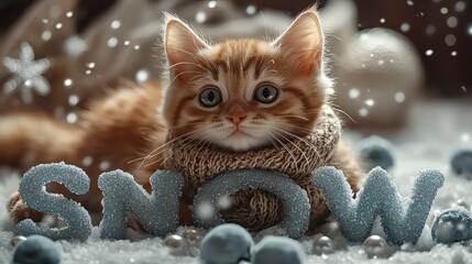 Poster - Snowy winter environment shimmering letters SNOW icy blue adorned with pearls icicles and frosty blueberries A kitten wearing a scarf lays on the letters surrounded by magical sparkles