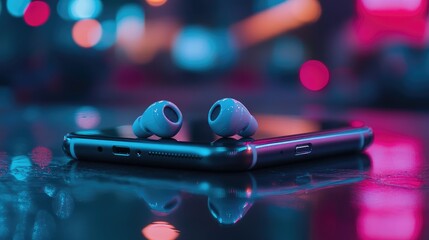 Poster - A close-up of stylish earphones on a smartphone, with the charging port in the foreground, illustrating the integration of technology in daily life