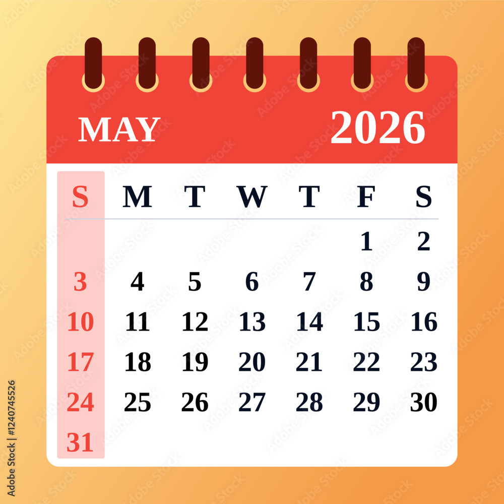 May 2026 Calendar. Vector calender. Flat design. Stock Vector | Adobe Stock