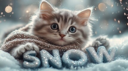Poster - Snowy winter environment shimmering letters SNOW icy blue adorned with pearls icicles and frosty blueberries A kitten wearing a scarf lays on the letters surrounded by magical sparkles