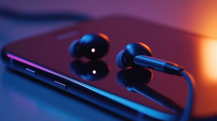 Poster - A close-up shot of earphones resting on a smartphone, with the charging port clearly visible, showcasing modern tech and convenience.