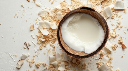 Poster - A coconut shell filled with milk, spilling onto a white surface, surrounded by broken coconut pieces for a fresh and vibrant look.